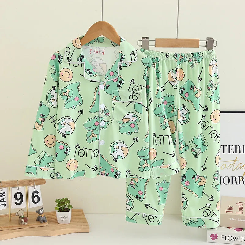 Cartoon New Spring Autumn Children's Pajamas Set Girls Boys Teenagers Stitch Long-sleeved and Pants Outside Home Clothes Set