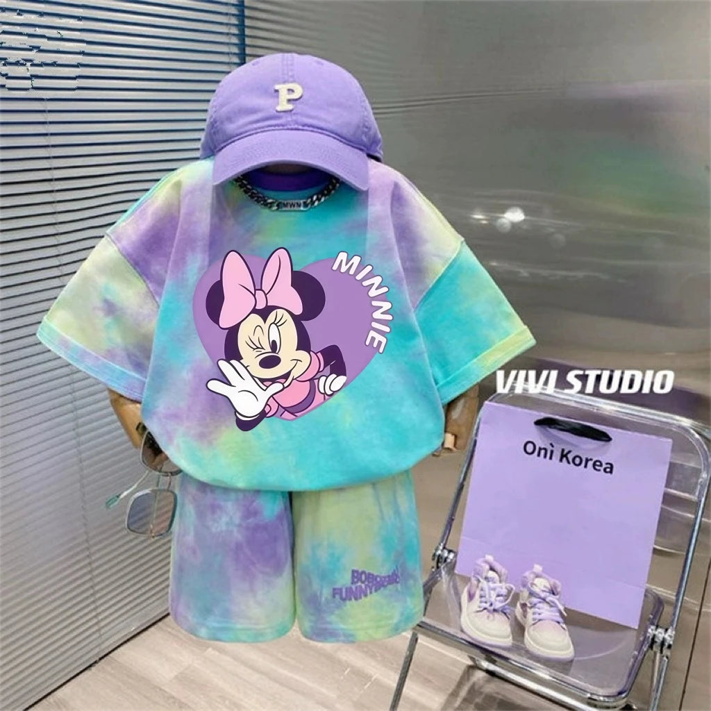 Summer Baby Clothes Set Kid Girls Disney Minnie Printed T-Shirts and Shorts 2pcs Suit Children Short Sleeve Tie Dye Outfits