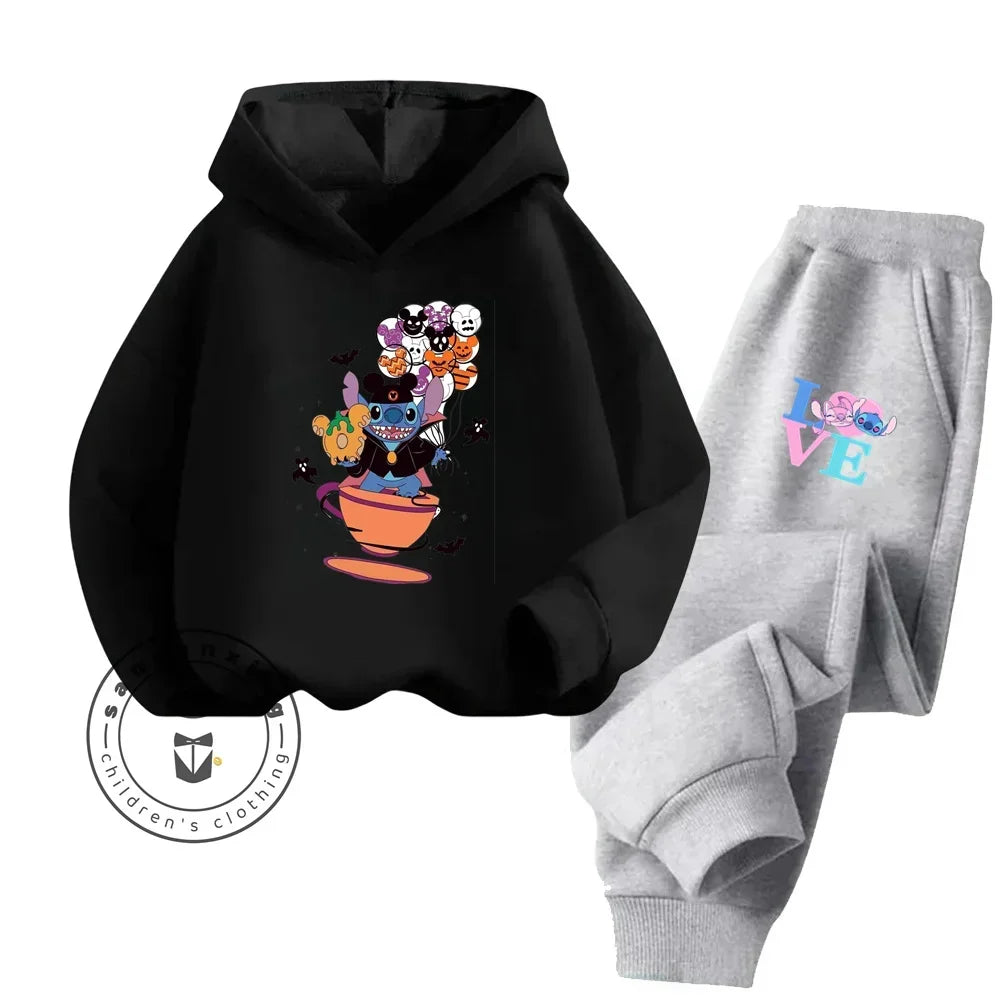 Cartoon Stitch Children Hooded Sweatshirt+Pants Two-piece Set Boy Girl Autumn Winter Daily Outdoor Vacation Warm Soft Sportswear