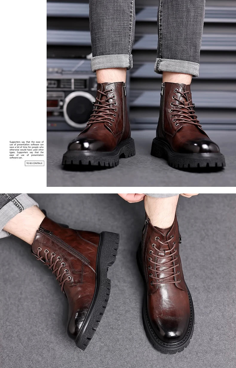 Men's High-Top Boots: British Style Thickened Sole Genuine Leather Indestructible Work Boots, Couple Big Yellow Boots for Men an