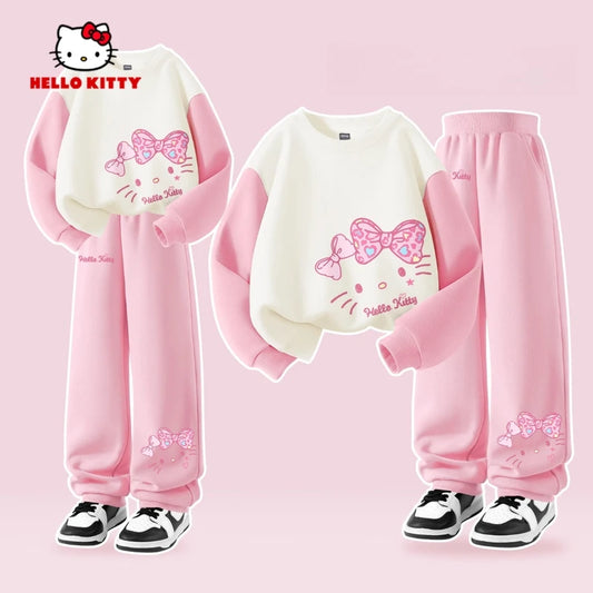Sanrio Autumn Baby Girls Clothes Set Kid Hello Kitty Printed Sweatshirts Pullover Top & Pants 2pcs Children Patchwork Tracksuit