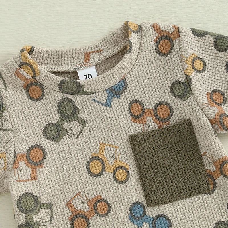 Baby Toddler Boy Summer Outfit Waffle Tractor Print Short Sleeve T-shirts Solid Elastic Waist Shorts 2 Piece Summer Set