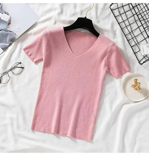 2026 Basic V-neck Solid Thin Summer Women Pullover Female Knitted Ribbed Sweater Slim Short Sleeve Bodycon Sweater