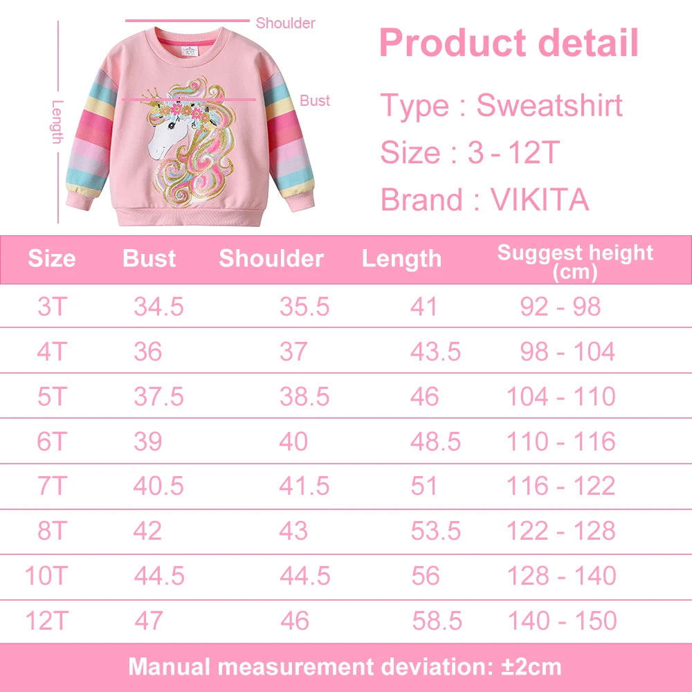 VIKITA Girls Cartoon Pink Outfits Kids Rainbow Striped Cotton Sweatshirt and Colorful Leggings Children Clothing 2 Pcs Sets