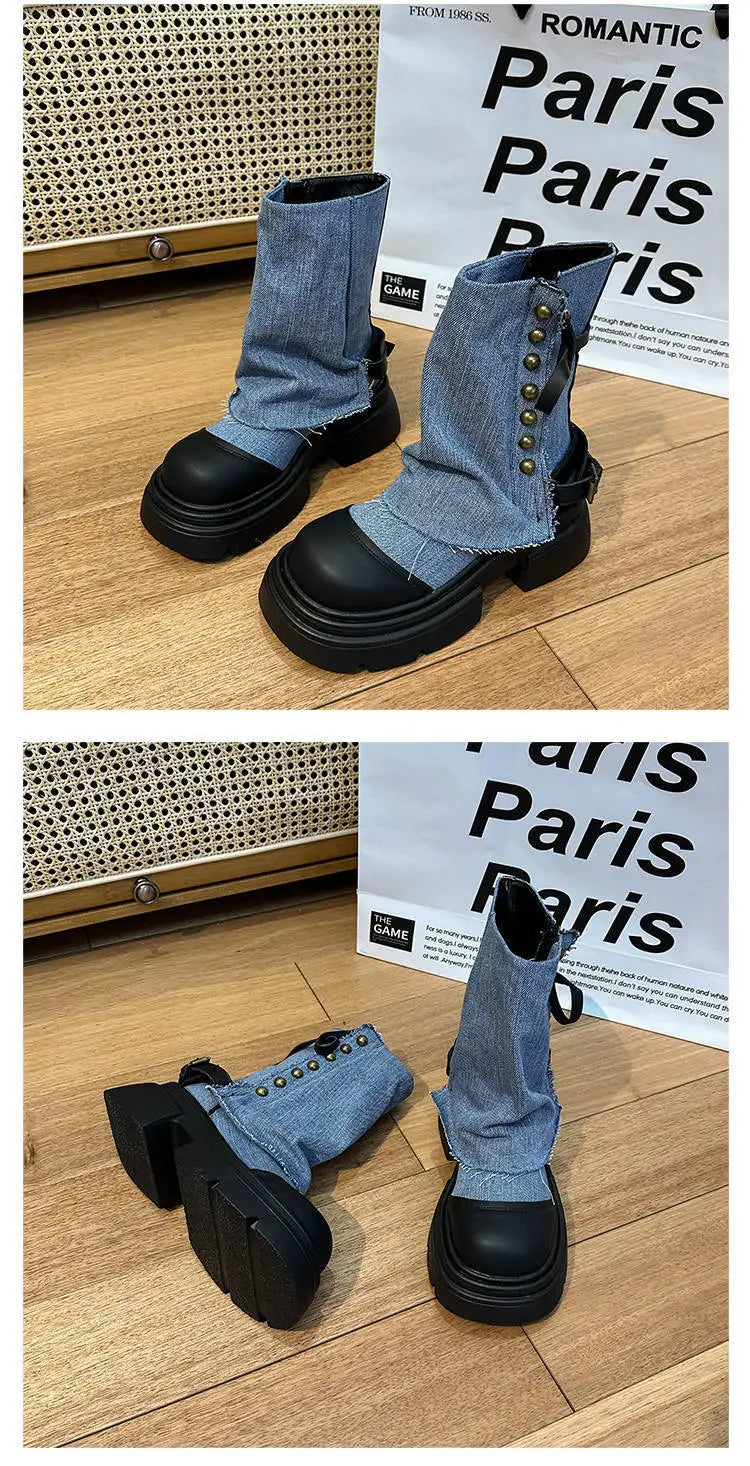 Women Boots British Fashion Pants Leg Boots  New Thick Soled Rivet Zipper Belt Buckle Platform Anti Slip Cowboy Short Boots