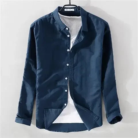 Men's Long Sleeve Casual Linen Shirt Solid Color Loose Fit Breathable Cotton Linen Fabric Square Collar Trendy Youth Style