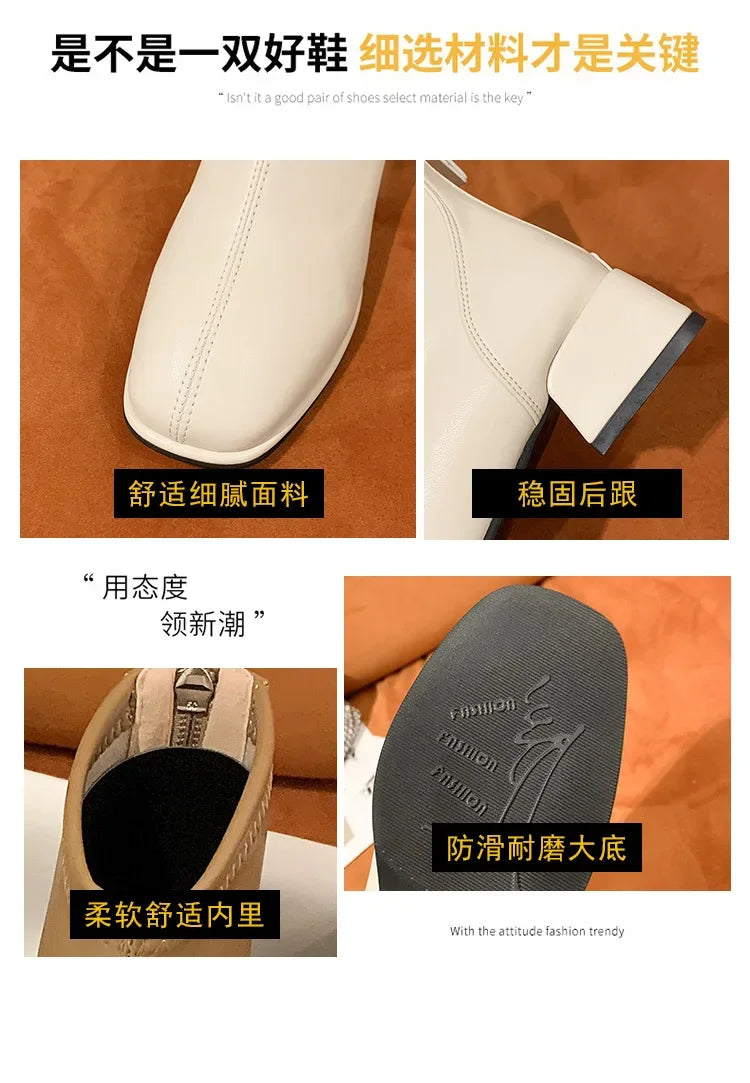 2025 New Elastic Socks Boots Women's Ankle Boots High Heels Thick Heels Square Toe Short Boots Retro Women's Shoes Botas Mujer