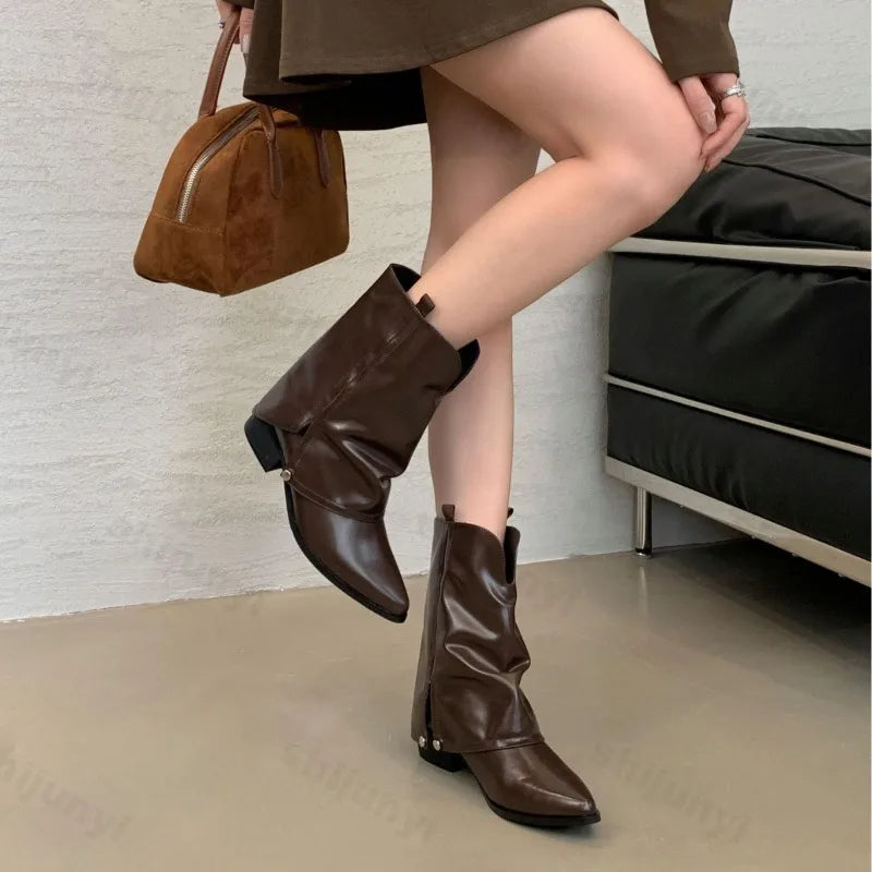 Women's Boots 2025 Autumn New Fashion Retro Pointed Toe Female Ankle Boots Synthetic Leather Outdoor Anti Slip Boots Botas Mujer