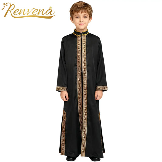 Boys Islamic Robe Kaftans Arab Gown Long Sleeves Slit Zipper Gold Embroidery Maxi Muslim Thobe Kids Festival Holiday Costume