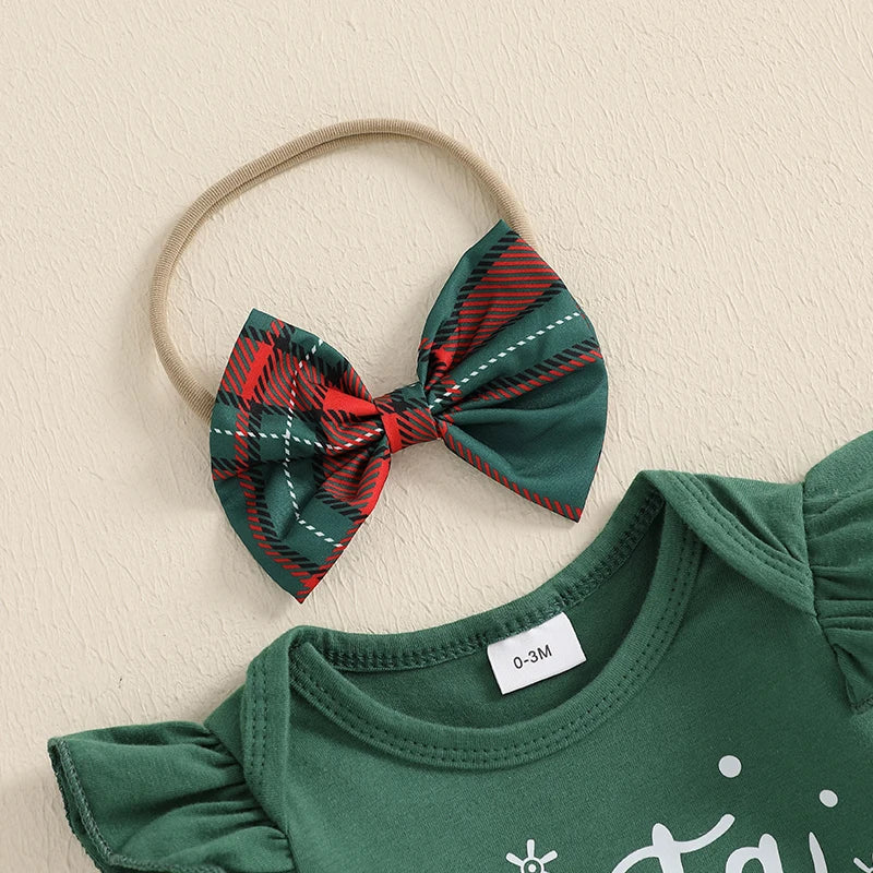 2024-08-20 Lioraitiin Christmas Infant Baby Girl Outfit Letter Ruffle Long Sleeve Romper Plaid Layered Ruffle Shorts Clothes