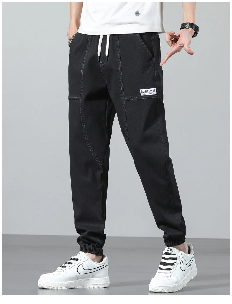 2025 Spring Summer Jeans Men Cotton Thin Beam Feet Harem Pants Elastic Drawstring Waist Light blue Joggers Trousers Male 28-38