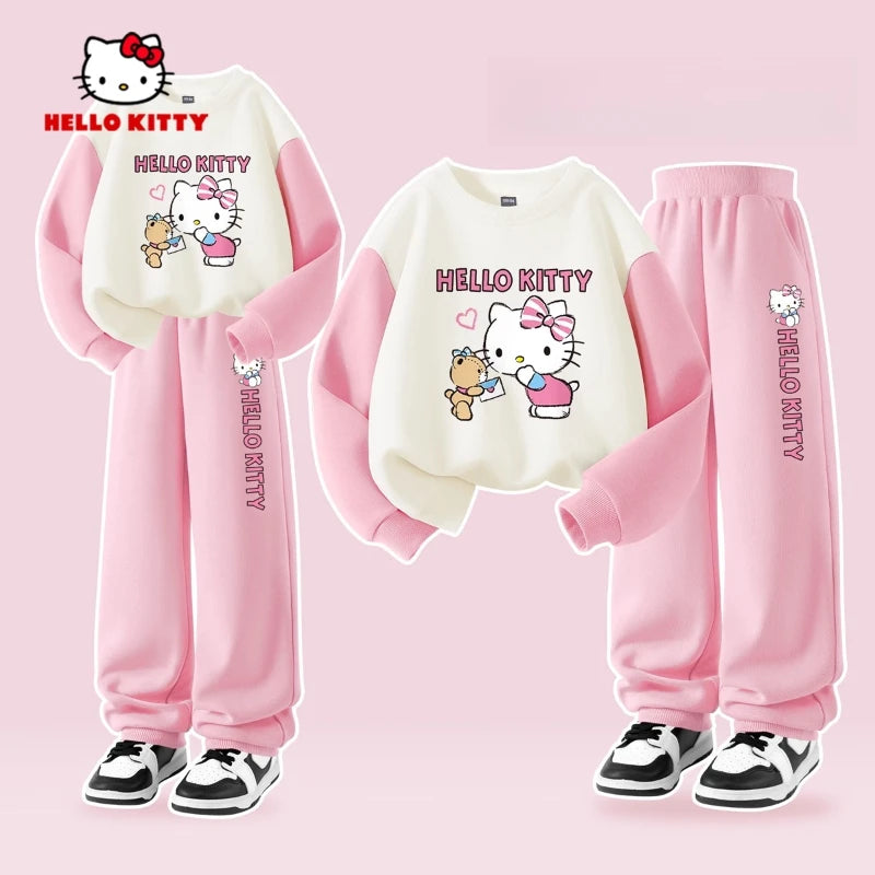 Sanrio Autumn Baby Girls Clothes Set Kid Hello Kitty Printed Sweatshirts Pullover Top & Pants 2pcs Children Patchwork Tracksuit