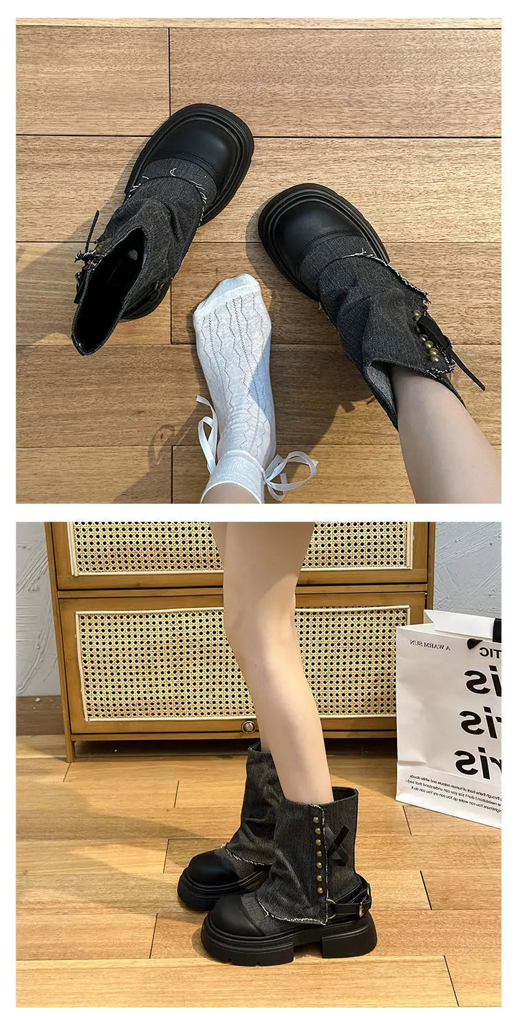 Women Boots British Fashion Pants Leg Boots  New Thick Soled Rivet Zipper Belt Buckle Platform Anti Slip Cowboy Short Boots