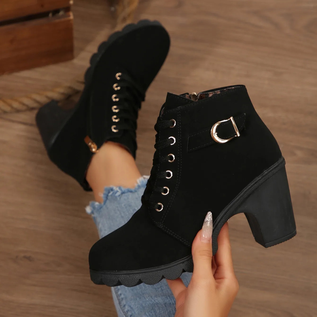 2025 Women High Heel Ankle Boots Autumn Lace Up Comfortable Short Boots Retro Fashion New Trend Lady Shoes Women Botas De Mujer