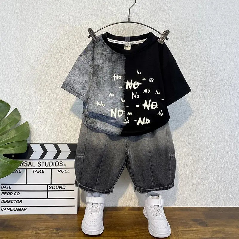 Korean Baby Boys Summer Sets Children's Clothing Short-Sleeved Letter T-Shirt & Denim Shorts Kids Boys Outfits Clothes 2-11Y