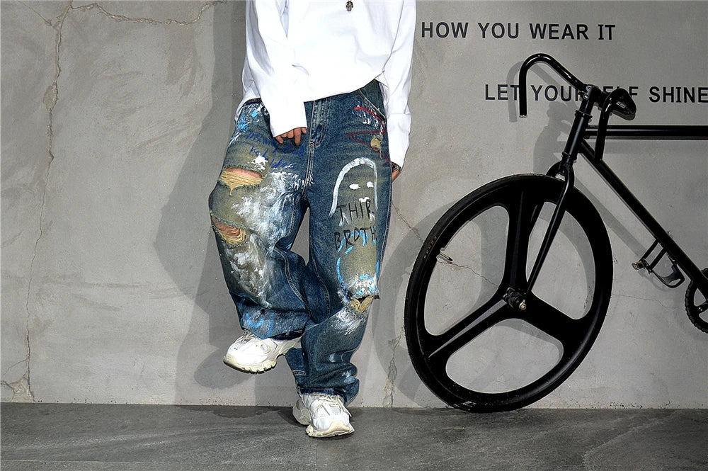 High End Men'S Clothing Hip Hop Graffiti Baggy Jeans For Men Streetwear Skateboard Ripped Jeans Korean Trendy Denim Trousers