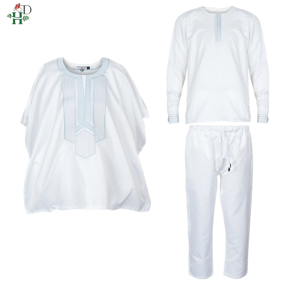 H&D 2025 African Tradition Clothes For Kids Boys White Blue Long Sleeve Tops Embroidery Dashiki Robe Shirt Pant Child Set 3 PCS