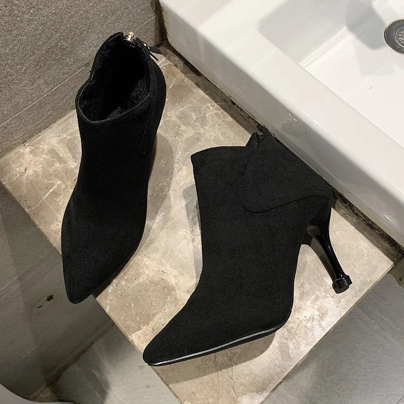 Autumn And Winter New Pointed Toe Thin-heeled Mid-heeled Boots High-heeled Lnternet Celebrity Versatile Short Suede Nude Boots