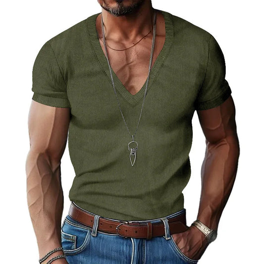 New Spring/Summer Men's Casual Corduroy T-shirt Solid Color Top Outdoor Versatile Trendy Fashion Hoodie V-Shirt Men's Top