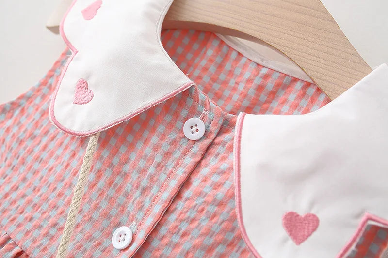 2 Pcs Summer New Dress Girl's Sleeveless Lace Heart Collar Sweet and Beautiful Plaid Button Cotton Cloth Dress