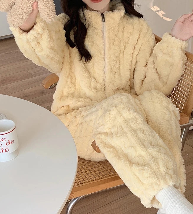 Women's Winter 2 piece sets women outfit Coral fleece pajamas home set Stand Collar Zip Up Fuzzy Teddy Top high waisted Pant Set