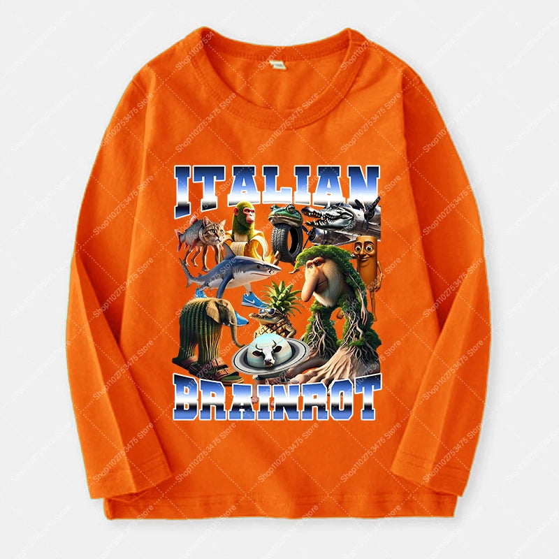 Italian Brainrot Long Sleeve T-shirt for Kids Funny Meme Children Autumn Tops Tung Tung Tung Sahur Tee Boy Girl Clothing Gifts