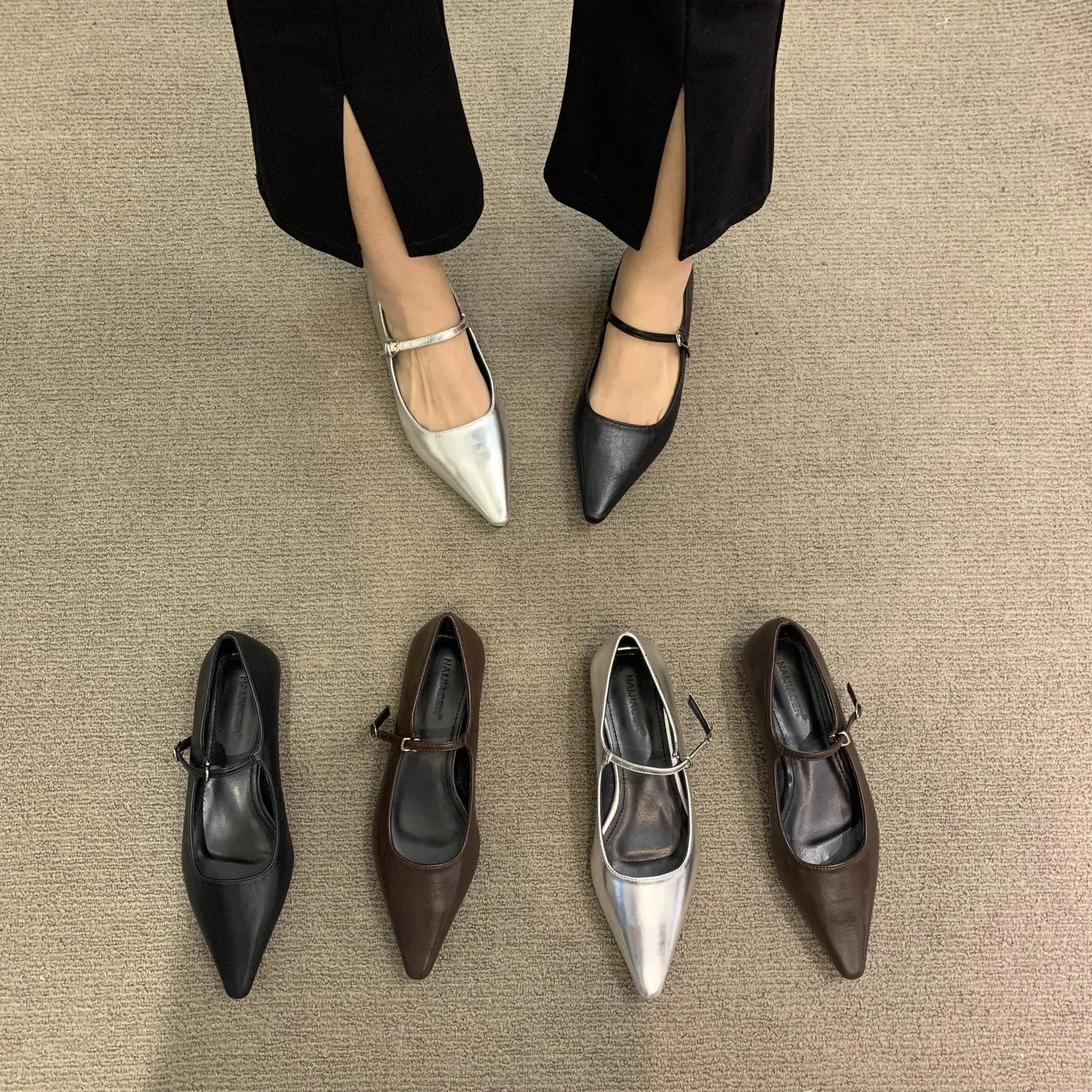 Flat Shoes for Women 2025 Spring Autumn New Mary Jane Shoes Low Heel Pointed Flat Bottomed Women's Shoes Plus Size 42 43 44