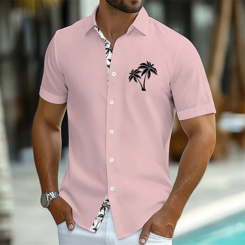 Men's summer tropical plant button coconut pattern Hawaiian short-sleeved beach shirt vacation daily wear fashionable casual