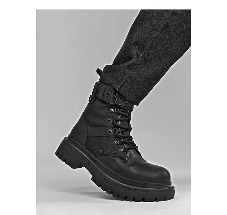 Men's High-Top Boots Retro British Style Black Tooling  Boots Fad Belt Buckle Designer Motorcycle Boot Man Casual Platform Boots