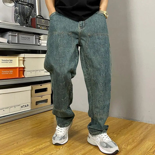 Embossed Trendy Workwear Jeans Men's Loose Straight Leg Retro Washed Trendy Casual Pants