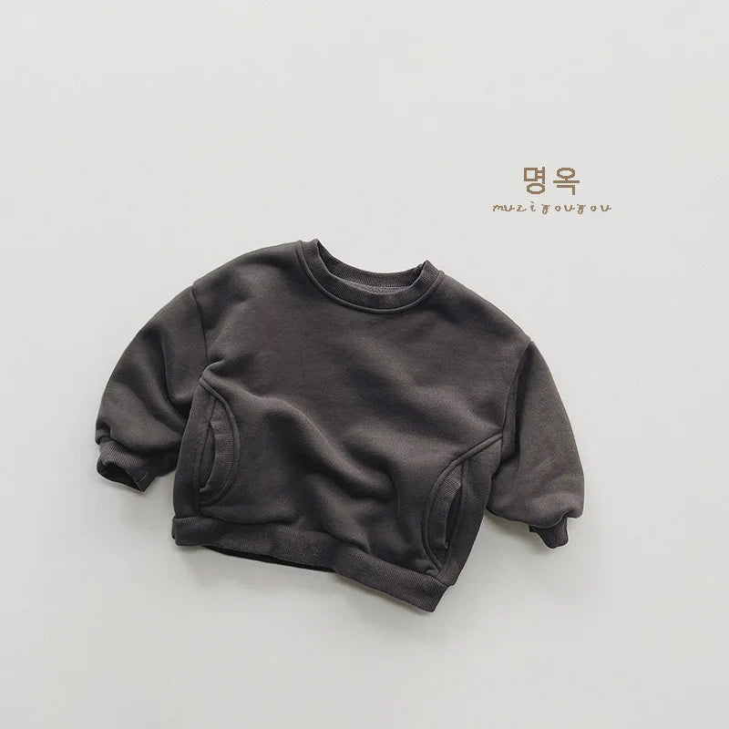 2025 Winter New Baby Long Sleeve Fleece Sweatshirt Infant Boy Girl Solid Warm Pullover Plus Velvet Thick Toddler Casual Clothes