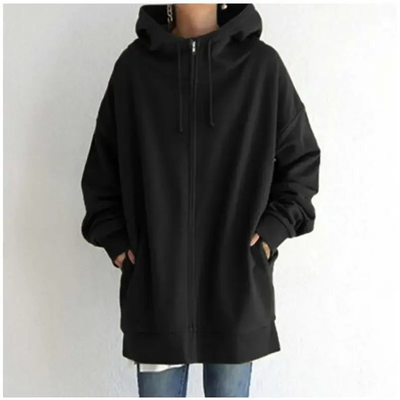 2025 Autumn Women's Hoodie Black Long Sleeve Lace Up Zippers Pockets Plush Hoodies Female Winter Trendy Casual Ladies Clothes