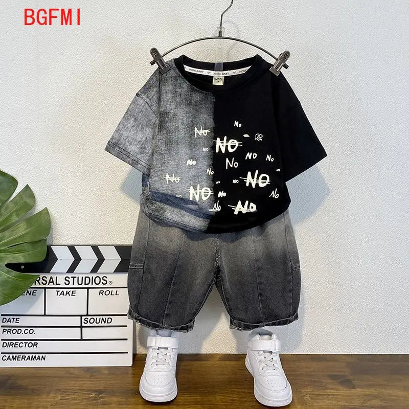 Korean Baby Boys Summer Sets Children's Clothing Short-Sleeved Letter T-Shirt & Denim Shorts Kids Boys Outfits Clothes 2-11Y