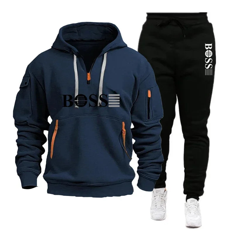 Men's Autumn and Winter New Pullovers Hoodie and Pants 2-piece Set, Outdoor Jogging Windproof Zipper Warm Men's Sportswear