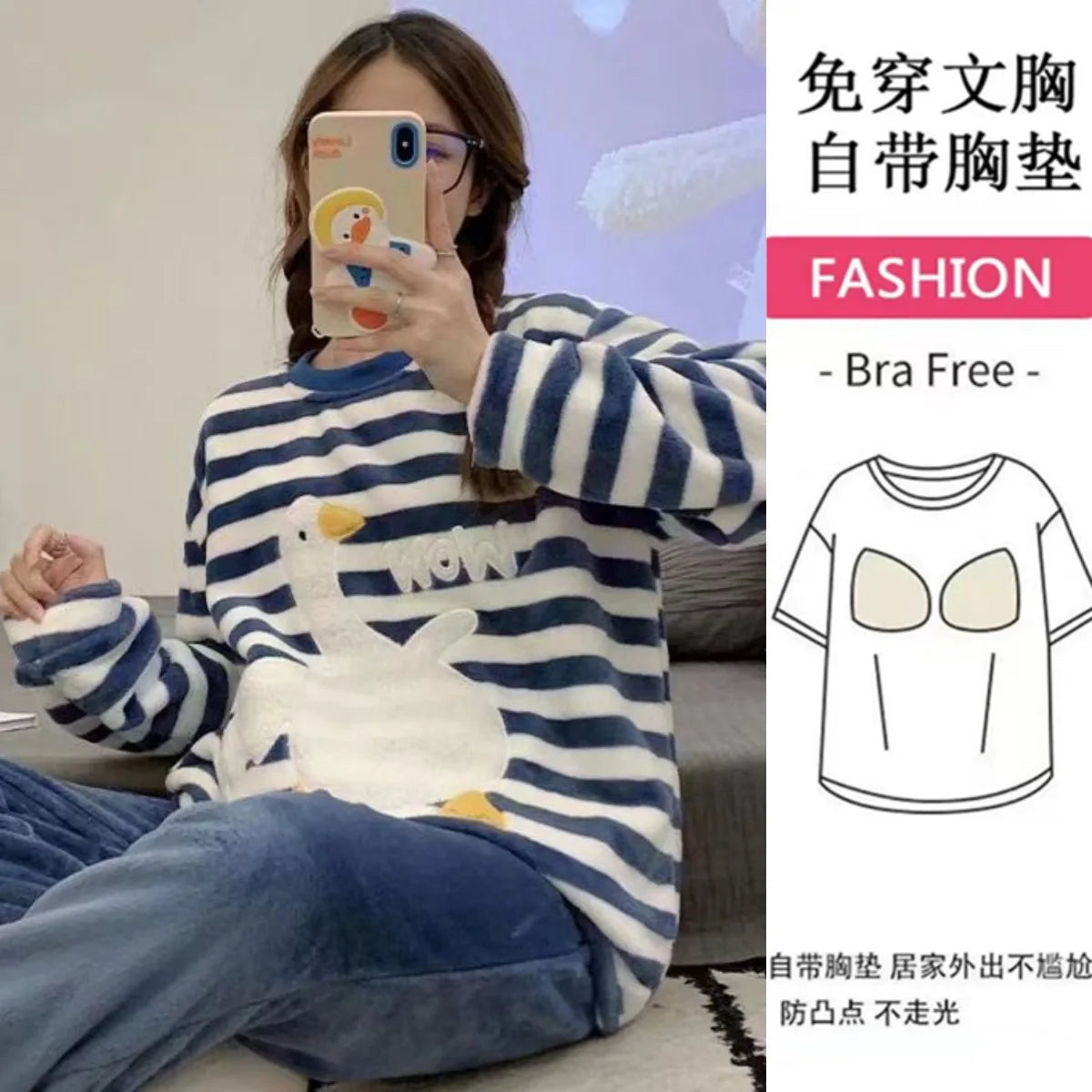 Thickened Long Sleeve Home Clothes Set with Chest Pad Winter Coral Fleece Korean Style Student Cute Large Size Home Clothes Set