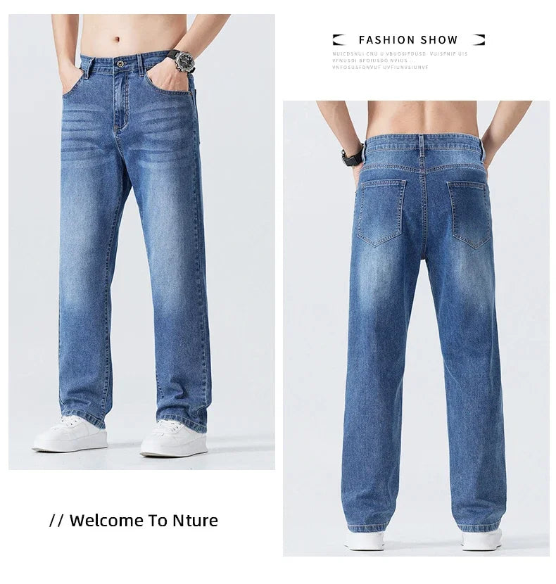 Summer Thin Straight Jeans Men's Clothing Soft Breathable Trousers Male Brand Comfortable Business Loose Denim Pants