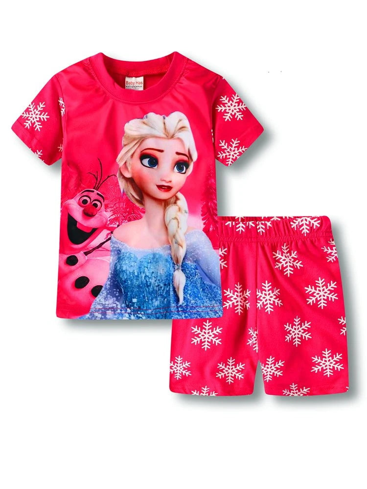 New Summer Casual Frozen Snow Queen Children's Short Sleeve Pajamas Cartoon Suit Girls Cotton Kids Pajamas Dress Costumes