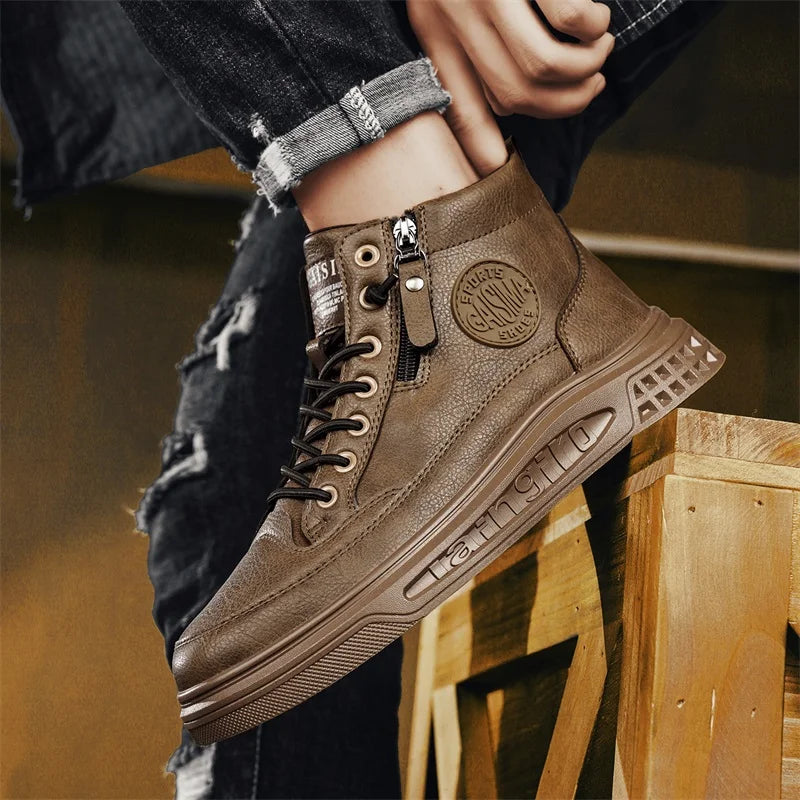 Leather Men Ankle Boots Fashion comfortable Men Sneakers Luxury British style High Top Shoes Men Platform Casual Shoes 2025 New