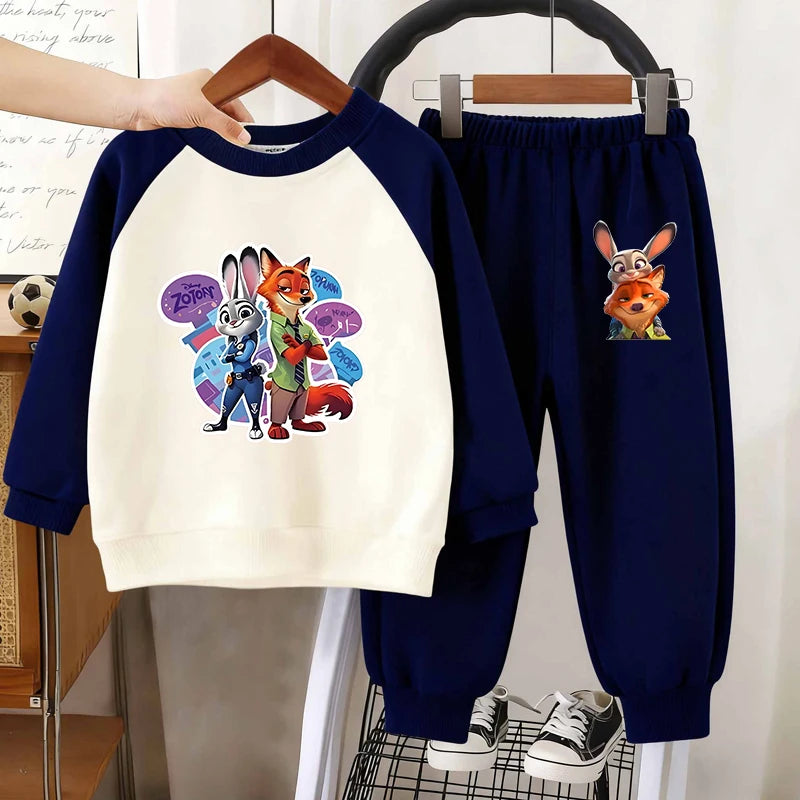 Disney Zootopia Cartoon Printed Children Autumn Clothing Set Fashion Splicing Sleeve O-Neck Hoodies and Long Pants 2Pcs Set Wear