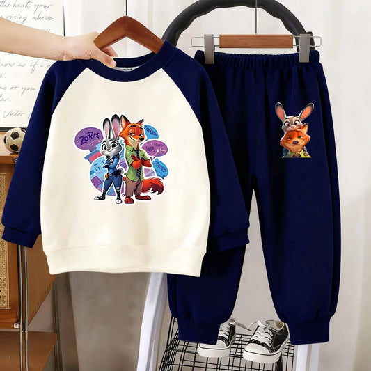 Disney Zootopia Cartoon Printed Children Autumn Clothing Set Fashion Splicing Sleeve O-Neck Hoodies and Long Pants 2Pcs Set Wear