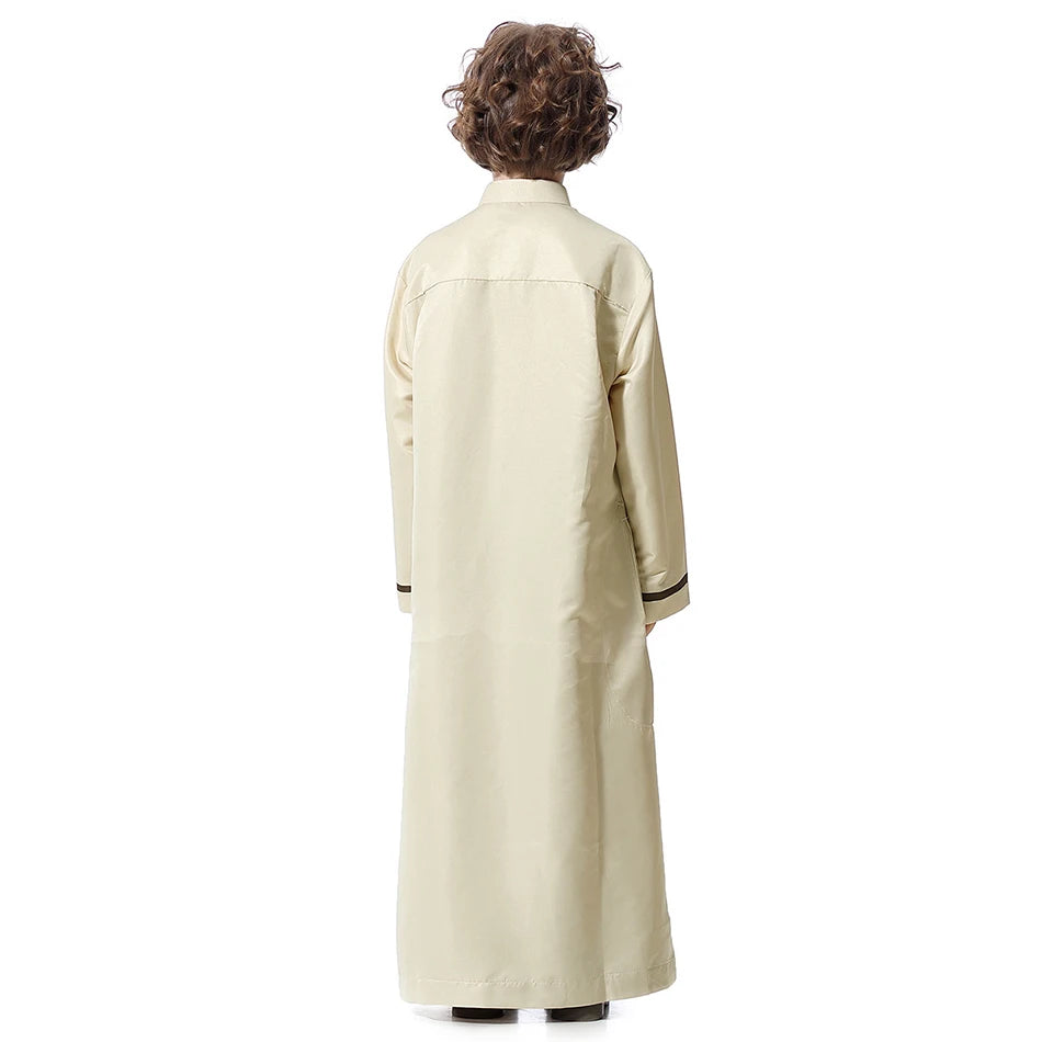 Ramadan Eid Islamic Boys Long Robe Children Traditional Arab Thobe Thawb Caftan Solid Color Long Sleeve Stand Collar with Pocket