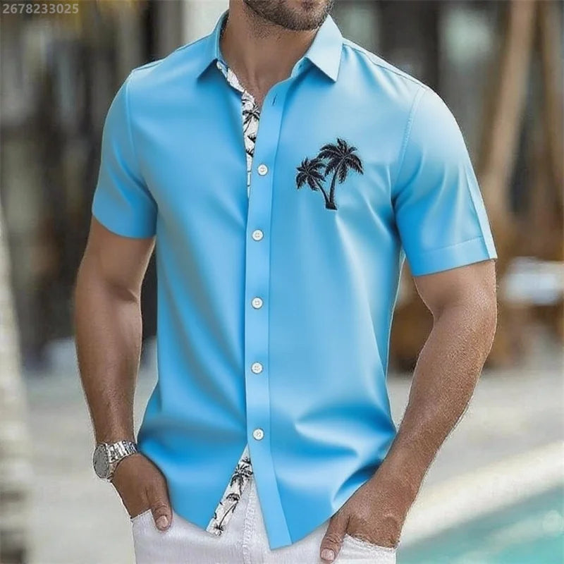 Men's summer tropical plant button coconut pattern Hawaiian short-sleeved beach shirt vacation daily wear fashionable casual