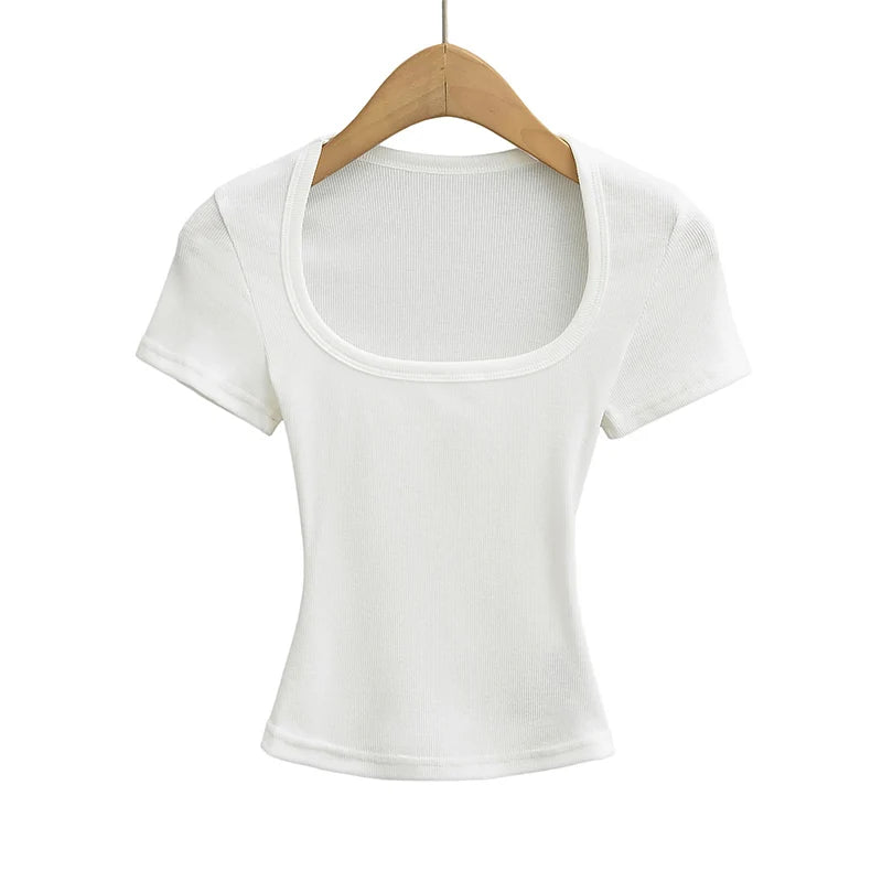 Square Collar High Stretch Summer Crop Tops Women Short Sleeve Tops Sexy Pullover Bottoming Blouses Slim T-shirt