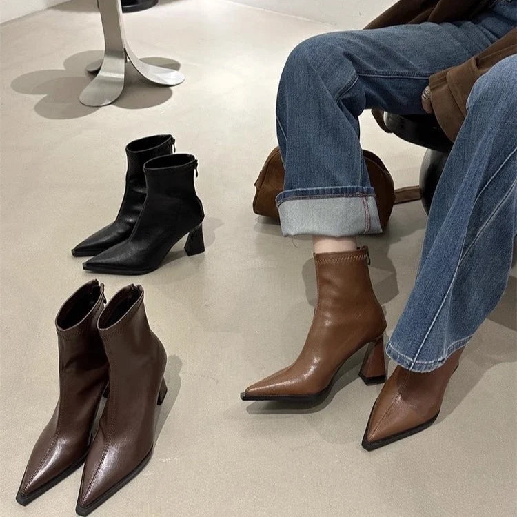2025 Women Fashion Chelsea Ankle Boots Basic High Heels Boots Pointed Toe Shoes Women Band Non-slip Comfortable Boots 9989
