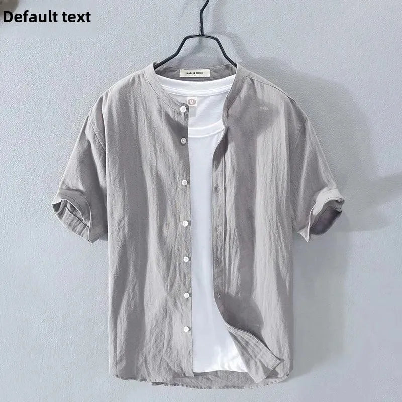 Japanese Style Loose Fit Lightweight Short Sleeve Linen Shirt round Neck Summer Casual Menswear White Cotton Linen Blend