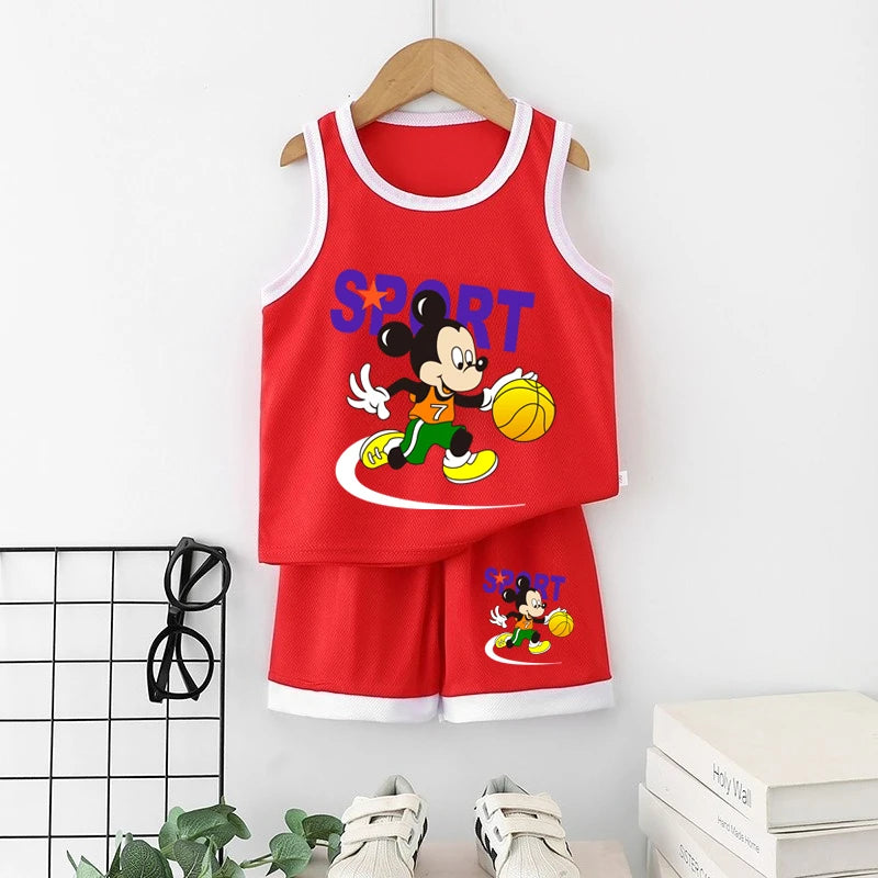 Disney Summer Thin Tracksuits New 2pcs Toddler Boys Fashion Casual Loose Vest Tops+Shorts Kid Cartoon Printed Simple Outfits