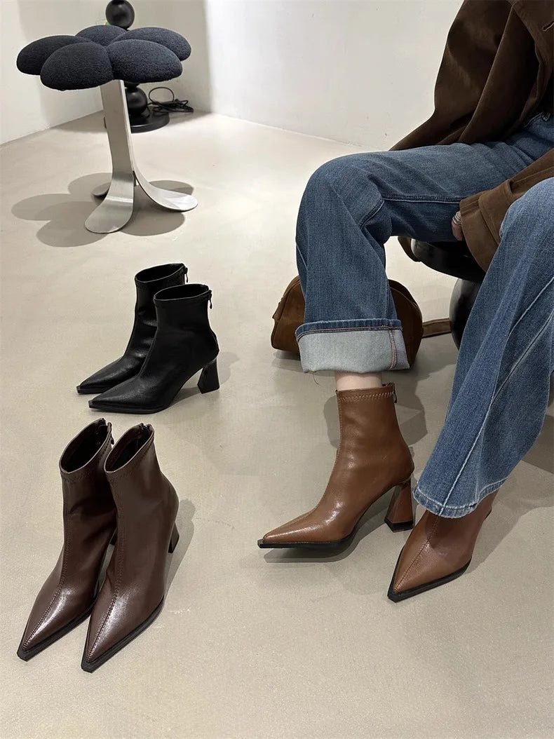 2025 Women Fashion Chelsea Ankle Boots Basic High Heels Boots Pointed Toe Shoes Women Band Non-slip Comfortable Boots 9989