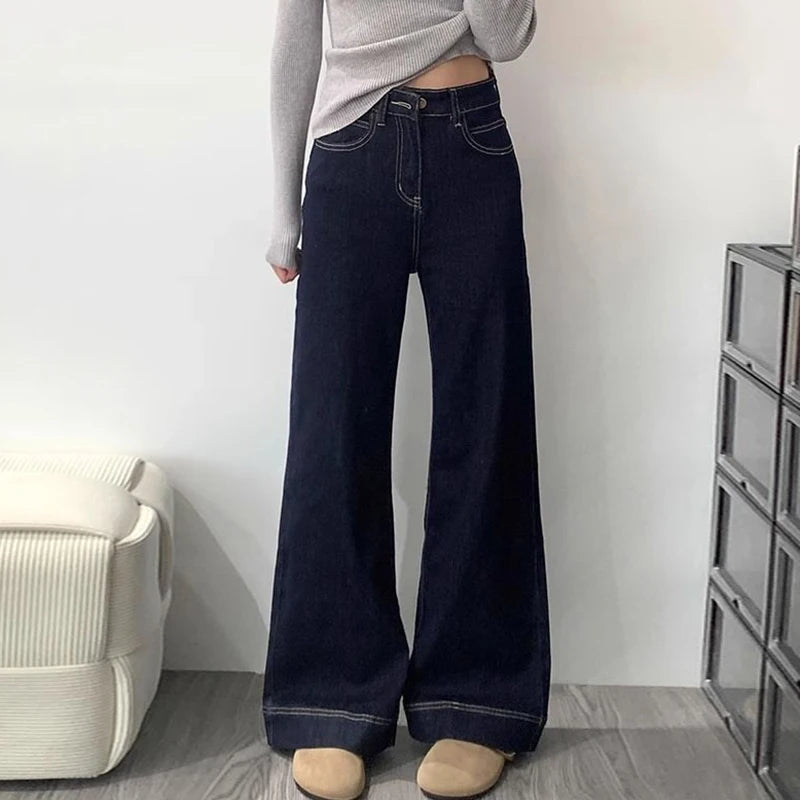 Girls High Waist Leisure Retro Jeans Female Korean Baggy Straight Leg Denim Trousers Women Fashion Bell Bottom Pants