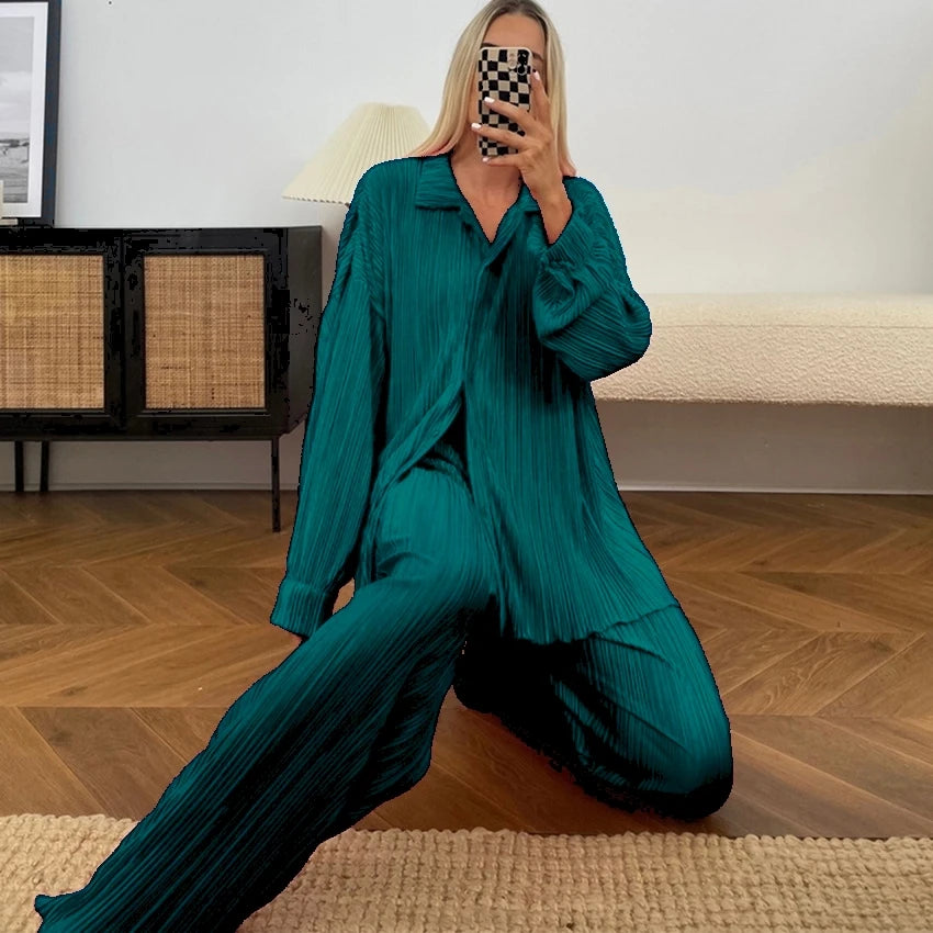 CM.YAYA Pleated Women's Set Long Sleeve Shirt Tops and Straight Wide Leg Pants Elegant Tracksuit Two 2 Piece Set Fitness Outfits