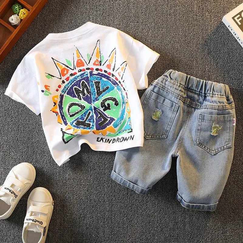 Korean Baby Boys Summer Sets Children's Clothing Short-Sleeved Letter T-Shirt & Denim Shorts Kids Boys Outfits Clothes 2-11Y